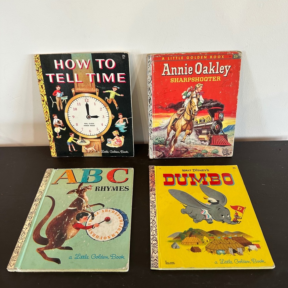 Vintage Little Golden Books Lot of 4 Dumbo Annie Oakley How to Tell Time ABC